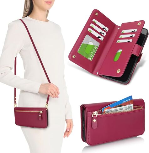 for Samsung Galaxy A15 Phone Case Wallet with Card Holder for Women,A15 Case with Strap Crossbody Lanyard,Leather Shockproof Stand Zipper Pocket Flip Case-Dark red in Kuwait