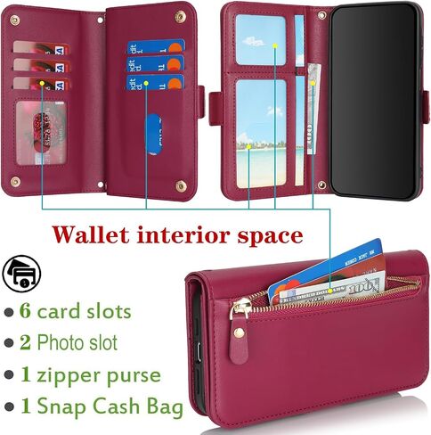 for Samsung Galaxy A15 Phone Case Wallet with Card Holder for Women,A15 Case with Strap Crossbody Lanyard,Leather Shockproof Stand Zipper Pocket Flip Case-Dark red in Kuwait