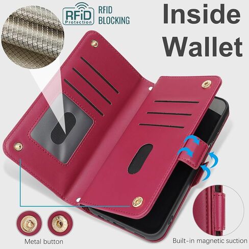 for Samsung Galaxy A15 Phone Case Wallet with Card Holder for Women,A15 Case with Strap Crossbody Lanyard,Leather Shockproof Stand Zipper Pocket Flip Case-Dark red in Kuwait