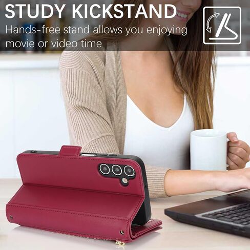for Samsung Galaxy A15 Phone Case Wallet with Card Holder for Women,A15 Case with Strap Crossbody Lanyard,Leather Shockproof Stand Zipper Pocket Flip Case-Dark red in Kuwait