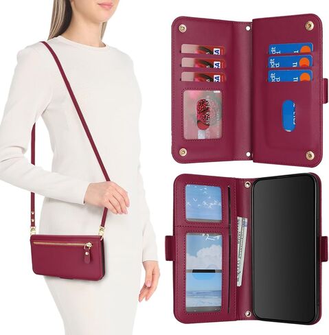 for Samsung Galaxy A15 Phone Case Wallet with Card Holder for Women,A15 Case with Strap Crossbody Lanyard,Leather Shockproof Stand Zipper Pocket Flip Case-Dark red in Kuwait