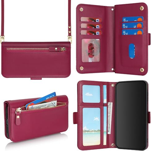 for Samsung Galaxy A15 Phone Case Wallet with Card Holder for Women,A15 Case with Strap Crossbody Lanyard,Leather Shockproof Stand Zipper Pocket Flip Case-Dark red in Kuwait
