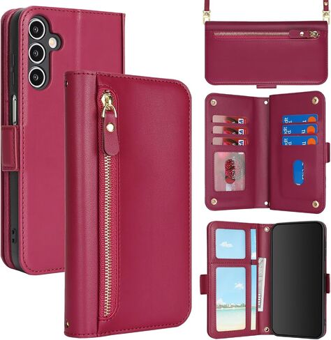 for Samsung Galaxy A15 Phone Case Wallet with Card Holder for Women,A15 Case with Strap Crossbody Lanyard,Leather Shockproof Stand Zipper Pocket Flip Case-Dark red in Kuwait