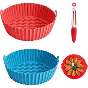 Sheroli 2 Pack Air Fryer Silicone Liners for 3 to 5 QT pot with food tong, Silicone Basket Bowl, Replace Parchment Paper, Reusable Baking Tray Oven Accessories, Red+Blue, (8.5 in) Gift set