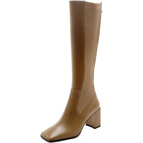 TinaCus Women's Handmade Genuine Leather and Knit Classic Square Toe High Chunky Heel Zip Up Stretch Knee High Boots