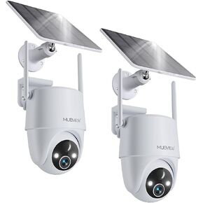 MUBVIEW 2K Solar Security Cameras Wireless Outdoor, 60° PTZ Battery Powered Outdoor Camera, 2.4Ghz WiFi Home Security Camera, Color Night Vision, Motion Detection, 2-Way Audio, 2-Pack