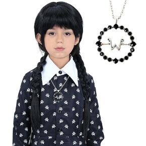 Bettecos Girls and Kids Wednsday Wig with Thing Hand and Necklace Long Black Heat Resistant Synthetic Pigtails Hair Wigs for Children Halloween Party Cosplay Costume