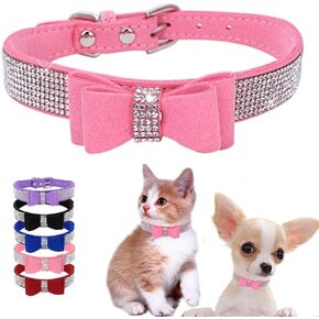 Rhinestone XXS Dog Collar with Bow, Girl Bling Cat Collar Diamond Sparkly Fancy Jewel Cute Adjustable for XS Small Medium Female Puppy Pet Kitten Yorkie Princess Pink XX-Small