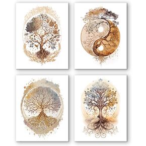 Tree of Life Wall Art Canvas Prints,Boho Gold Abstract Tree Art Posters,Yin Yang Art Paiting,Living room Bedroom Aesthetic Wall Decor,Set of 4 (8 * 10inch,Unframed).