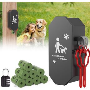 Dog Poop Bag Dispenser, Steel Dog Poop Bag Holder, with Magnetic Door Seal with Lock, Indoor/Outdoor Poop Bag Dispenser with 8 Rolls of Dog Poop Bags, Black (Black)