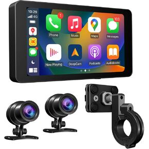 Motorcycle Dash Cam Carplay and Android Auto GPS Navigation, Front and Rear HD Cameras, 5-inch Touch Screen, Built-in 128GB Chip Storage, Support Siri & Google Assistant, IP67 Waterproof