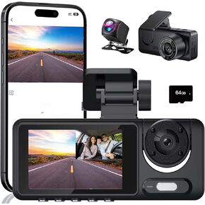 3 Channel Dash Cam, Dash Camera, 1080P Full UHD Car Camera Front and Rear Inside with 64GB Card,Built-in Super Night Vision,2.0'' IPS Screen,170°Wide Angle,WDR, 24H Parking Mode, Loop Recording