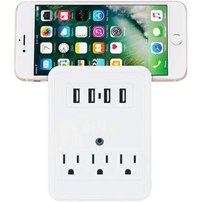Surge Protection 3-Outlet Extender USB Wall Charger with 4 USB Charging Ports (4.8A Total), Phone Holder for Your Device, White, ETL Listed