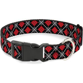 Buckle-Down Plastic Clip Collar - Argyle Black/Gray/Red - 1" Wide - Fits 11-17" Neck - Medium