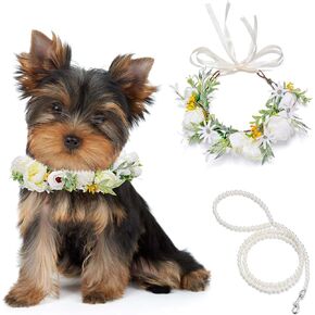 Mogoko 2 Pcs Dog Wedding Flower Collar and Pearls Beaded Leash Set, Dog Flower Headband Floral Dog Collar Pearls Dog Leash Dog Wedding, Dog Costumes Wreath Bow, Dog Photo Prop (Medium)