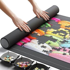 Newverest Jigsaw Puzzle Mat Roll Up, Saver Pad 46" x 26" Portable Up to 1500 pieces with Non-Slip Rubber Bottom and Smooth Polyester Top + Storage Bag, Foam Rolling Tube, 3 Hook & Loop Fastener Straps