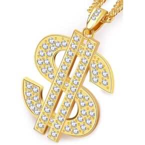 COMMIA 18K Gold Plated Dollar Chain Necklace, Fake Gold Chain for Men, Dollar Sign Hip Hop Chain Necklace Pendant for Men and Women