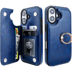 for iPhone 16 Wallet Case with Card Holder, 360° Rotation Ring Kickstand RFID Blocking PU Leather Double Magnetic Clasp Shockproof Cover for Women and Girls 6.1 Inch (White)