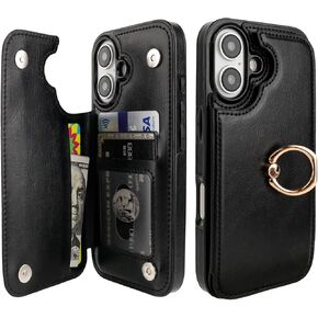 for iPhone 16 Wallet Case with Card Holder, 360° Rotation Ring Kickstand RFID Blocking PU Leather Double Magnetic Clasp Shockproof Cover for Women and Girls 6.1 Inch (White)
