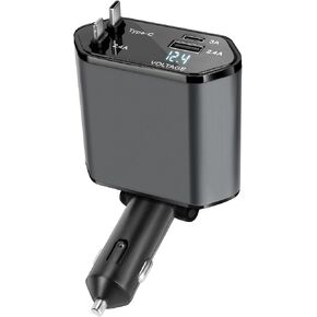 Retractable Car Charger, 4-in-1 Fast Car Phone Charger with 2 Retractable Cable and Type-C & Quick Charge USB Port for iPhone 15/14/13/12Pro Max/XR/XS,Galaxy,Pixel