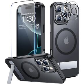 MOZOTER Magnetic for iPhone 16 Pro Max Case with Kickstand[Compatible with MagSafe] [16 FT Military Grade Protection] Slim Translucent Matte Shockproof Phone Case,6.9",Black