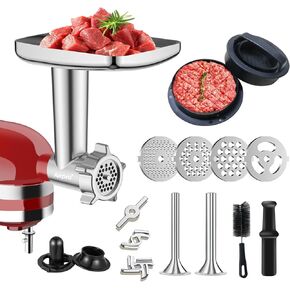 Metal Food Grinder Attachment for KitchenAid Stand Mixers,Meat Grinder Attachments Included 2 Sausage Stuffer Tubes,Burger Press,Sausage Maker & Kubbe Kit Perfect for Home Kitchen Use by Airpro
