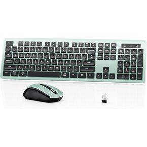 Wireless Keyboard Mouse Combo - 2.4Ghz Office Quiet Keyboard and Mouse Wireless - 104 Keys Full Size Ergonomic Keyboard for Laptop, Computer, PC, Notebook, Windows, Mac OS (Green Black)