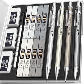 Nicpro 8PCS 0.5mm & 0.7mm Metal Mechanical Pencils Set, Lead Drafting Pencil for Artist Writing, Sketching, Drawing with 8 Tubes HB Lead Refills, 3PCS 4B Erasers, 9PCS Eraser Refills | Come with Case