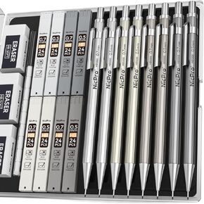 Nicpro 8PCS 0.5mm & 0.7mm Metal Mechanical Pencils Set, Lead Drafting Pencil for Artist Writing, Sketching, Drawing with 8 Tubes HB Lead Refills, 3PCS 4B Erasers, 9PCS Eraser Refills | Come with Case