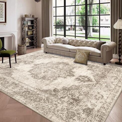 Area Rug 9x12 Vintage Rug: Large Washable Indoor Medallion Rug Low Pile Distressed Floor Carpet Retro Accent Rug for Living Room Bedroom Kitchen Dining Table Home Office(Beige, 9'x12') in Saudi Arabia