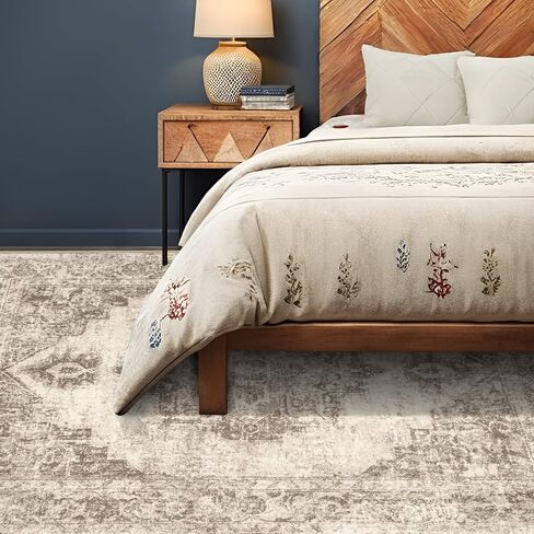 Area Rug 9x12 Vintage Rug: Large Washable Indoor Medallion Rug Low Pile Distressed Floor Carpet Retro Accent Rug for Living Room Bedroom Kitchen Dining Table Home Office(Beige, 9'x12') in Saudi Arabia