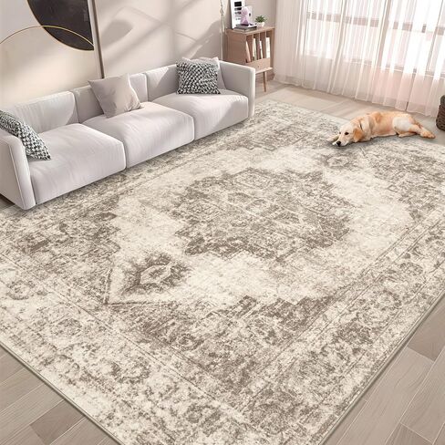 Area Rug 9x12 Vintage Rug: Large Washable Indoor Medallion Rug Low Pile Distressed Floor Carpet Retro Accent Rug for Living Room Bedroom Kitchen Dining Table Home Office(Beige, 9'x12') in Saudi Arabia