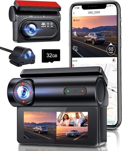 كاميرا داش كام أمامية وخلفية من 3 قنوات، كاميرا داش 4K للسيارات، 3.16 بوصة IPS مع رؤية ليلية بالأشعة تحت الحمراء، تسجيل حلقي، واي فاي 5G مدمج، نظام تحديد المواقع العالمي، مستشعر G، شاشة وقوف السيارات، تسجيل 24 ساعة in Kuwait