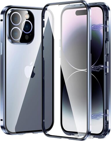 Magnetic Case for iPhone 15 Plus Front and Back Protection Glass Screen Protector Metal Bumper Double Sided Buckle Ultra-Thin Cover with Camera Lens Protector - Natural Titanium in Saudi Arabia