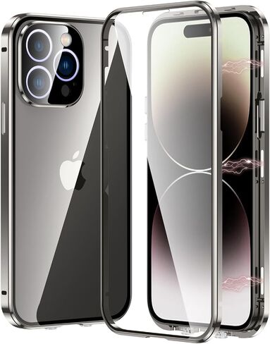 Magnetic Case for iPhone 15 Plus Front and Back Protection Glass Screen Protector Metal Bumper Double Sided Buckle Ultra-Thin Cover with Camera Lens Protector - Natural Titanium in Saudi Arabia