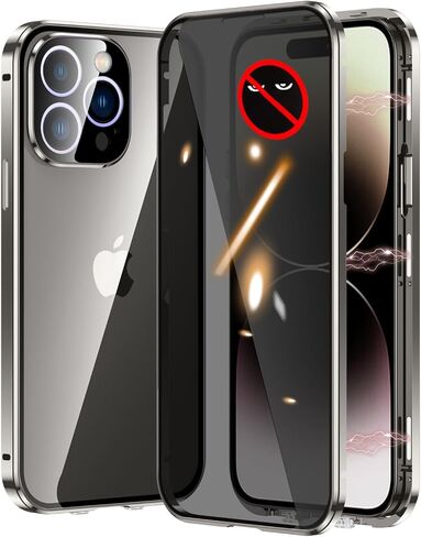 Magnetic Case for iPhone 15 Plus Front and Back Protection Glass Screen Protector Metal Bumper Double Sided Buckle Ultra-Thin Cover with Camera Lens Protector - Natural Titanium in Saudi Arabia