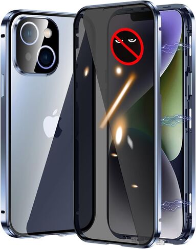 Magnetic Case for iPhone 15 Plus Front and Back Protection Glass Screen Protector Metal Bumper Double Sided Buckle Ultra-Thin Cover with Camera Lens Protector - Natural Titanium in Saudi Arabia