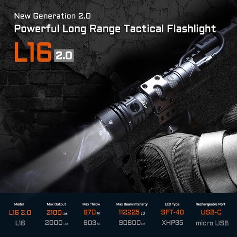 ACEBEAM L16 2.0 Rechargeable Tactical Flashlight with Clip and Holster, 2100 High Lumens LED Flashlight with Dual Switch, 733 Yards Long Throw Flashlight in Saudi Arabia