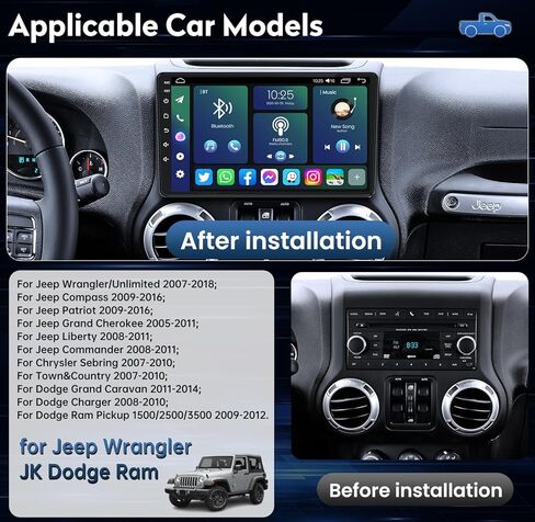 Car Stereo Radio for Jeep Wrangler JK Compass Grand Cherokee Dodge(4 Core 2+32G), 1280 * 800 IPS 10.1" Touchscreen with Wireless Carplay/Andriod Auto, Android13/5G-WiFi/Bluetooth5.0/FM/RDS/DSP/GPS/SWC in Kuwait