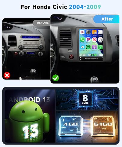 8 CORE 4G+64G Car Radio Stereo for Honda Civic 2004-2009 with Wireless CarPlay/Android Auto, 9.7 inch 1280 * 720P IPS Touch Screen Head Unit Android 13 GPS WiFi Bluetooth 32-Band DSP SWC HD Camera in Saudi Arabia