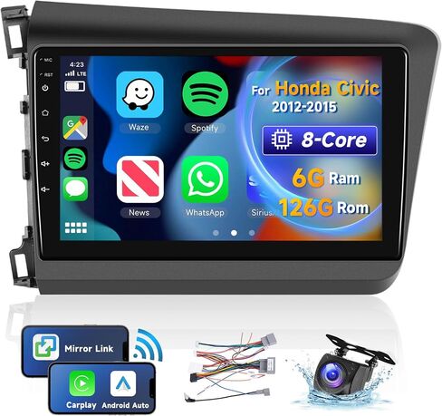 [8 CORE 6G+128G] for Honda Civic 2012-2015 Car Radio with Wireless Carplay/Android Auto, 9 Inch Android 13 IPS Touch Screen Car Stereo, Bluetooth, GPS Navi, WiFi, SWC, DSP + Backup Camera in Saudi Arabia