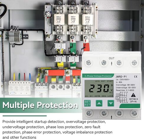 3 Phase Voltage Protector,JMRD-P1 3 Phase 4 Wire Voltage Protective Device Self Recovery Over Under Voltage Protective Device DIN Rail Mount AC230 400V 80A in Saudi Arabia