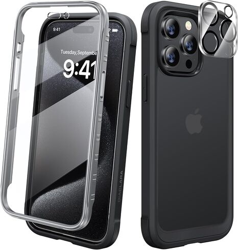 حافظة Diaclara مصممة لهاتف iPhone 15 Pro Max، حافظة متينة لكامل الجسم مع واقي شاشة مدمج مضاد للخدش حساس للمس، مع واقي عدسة الكاميرا لهاتف iPhone 15 ProMax 6.7 بوصة، أسود بلوري in Kuwait
