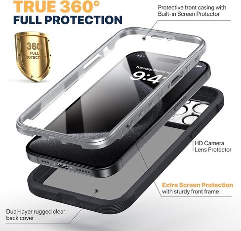 حافظة Diaclara مصممة لهاتف iPhone 15 Pro Max، حافظة متينة لكامل الجسم مع واقي شاشة مدمج مضاد للخدش حساس للمس، مع واقي عدسة الكاميرا لهاتف iPhone 15 ProMax 6.7 بوصة، أسود بلوري in Kuwait