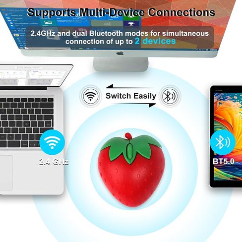 Wireless Mouse Bluetooth Cute Fruit Strawberry Shape Mouse 2.4GHz & Bluetooth 1000DPI Optical Computer Mice with USB Receiver Portable Cordless Mouses for PC Laptop Computer Kids Adults Gift(Pink) in Saudi Arabia
