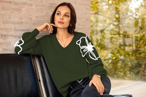 Pink Queen Women's Pullover Sweaters 2024 Knit Floral V Neck Tunic Pullover Long Sleeve Oversized Fall Casual Sweater in Kuwait