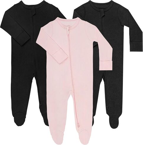 GUISBY Long Sleeve Baby Footed Pajamas with Mittens Cotton Sleepers with Zipper 3-Pack in Kuwait