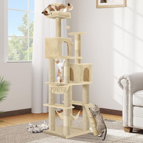 DWVO 75-inch Indoor Cat Tree Tower, Multi-Level Pet Playground, Cat Furniture with Scratch Posts, Hideaway Condos, Soft Perch, Snug Hammock, Climbing Ladder, and Plush Balls for Kittens (Light Gray) in Saudi Arabia