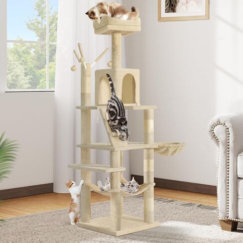 DWVO 75-inch Indoor Cat Tree Tower, Multi-Level Pet Playground, Cat Furniture with Scratch Posts, Hideaway Condos, Soft Perch, Snug Hammock, Climbing Ladder, and Plush Balls for Kittens (Light Gray) in Saudi Arabia