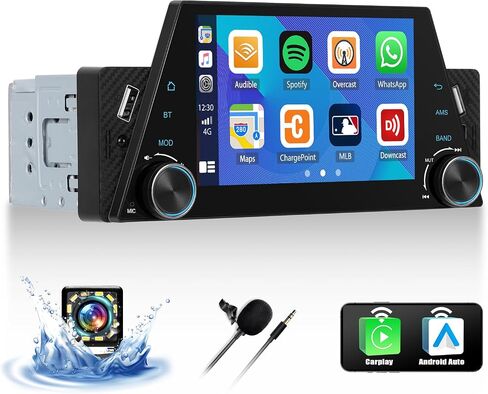 ستريو سيارة SIXTOP Single Din مع مستقبل Carplay Android Auto FM بشاشة لمس 5 بوصة وراديو السيارة مع وصلة مرآة USB بلوتوث لنظام Android iOS + ميكروفون وكاميرا احتياطية in Saudi Arabia